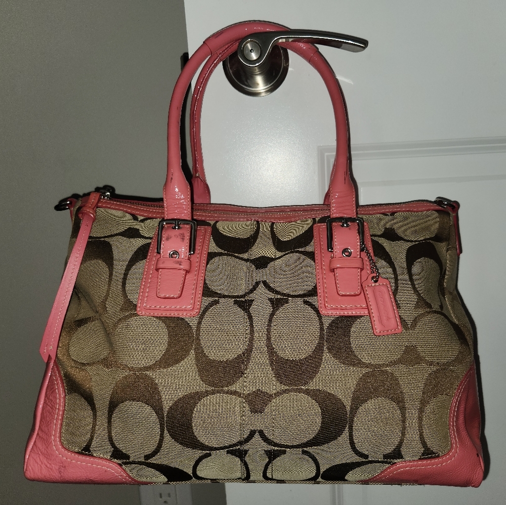 Coach Fabric & Patent Leather Handbag Bag in Pink and Taupe, Style # F13812